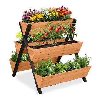 Relaxdays Relaxdays - Huerto Urbano Elevado, Madera, 82x75x90 Cm, Jardinera Vertical 5 Maceteros, Cama Jard&iacute;n, Balc&oacute;n, Naranja/negro
