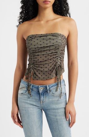 BDG Polka Dot Double Ruched Bandeau Top in Green Polka Dot at Nordstrom, Size X-Small