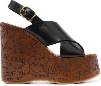 Chlo&eacute; Maxime 130mm Wedge Sandalen - Dames - Sleehakken - Zwart - 40 EU - Leer - Schoenen