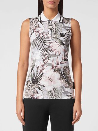 Plein Sport Sleeveless Cotton Polo Shirt with Floral and Tropical Print