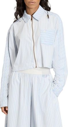 adidas Originals Stripe Crop Zip-Up Shirt in Crystal Sky/Ambient Sky at Nordstrom, Size X-Large