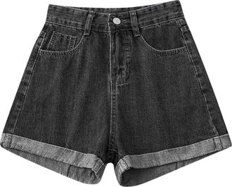 Generic Muscle Fit Womens Denim Shorts Retro Fashion Rolled Hem Stretch Jeans Shorts High Waisted Tummy Control A Line Casual Cropped Trousers Loose Bottoms S