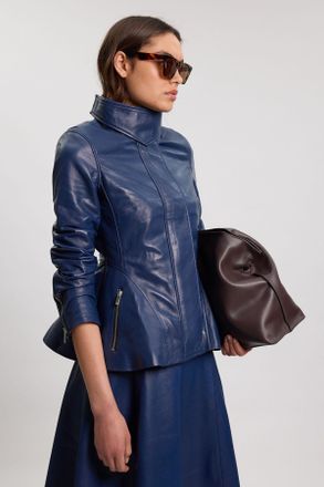 Karen Millen Womens Leather Zip Up Peplum Jacket - Navy - Size 14 UK