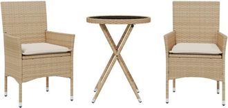 vidaXL Mesita Y Sillas Con Cojines 3 Pzas Rat&aacute;n Sint&eacute;tico Vidrio Beige Vidaxl