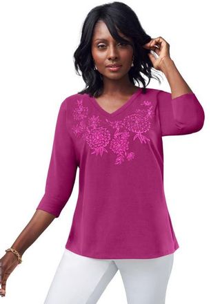 Jessica London Stretch Cotton Embroidered Tee in Raspberry Floral Embroidery at Nordstrom, Size Medium