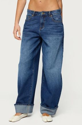 Edikted Kella Low Rise Baggy Cuffed Wide Leg Jeans in Dark-Blue-Washed at Nordstrom, Size X-Small