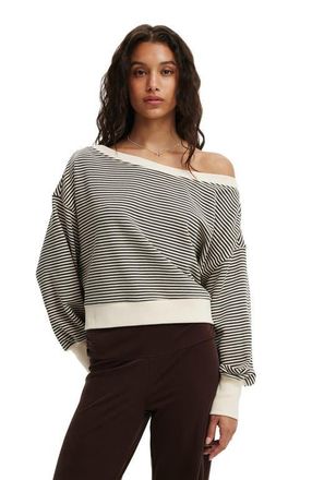 Cotton On Womens Off Shoulder Sweatshirt in Cream Slate Stripe at Nordstrom, Size Large