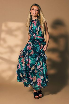 Oasis Womens Floral Waist Detail Ruffle Maxi Dress - Black - Size 16 UK