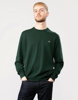 GANT Mens GANT Mens Classic Cotton Crew Neck Jumper - 374 Tartan Green - Size: 44