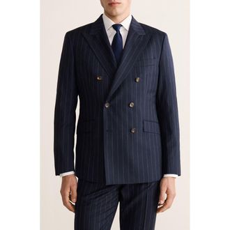 Mango Venice Slim Fit Pinstripe Double Breasted Wool Jacket in Navy at Nordstrom, Size 42
