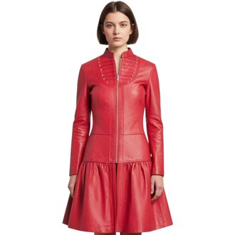 Infinity Leather Dames Ribet Goth Rood Leren Victoriaanse Studd Flare Coat- Larvik