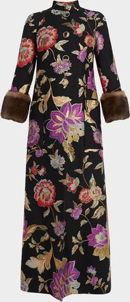 Valentino Garavani Sheep Shearling-Cuffs Metallic Floral Jacquard Long Coat