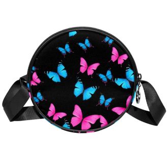 Generic Circle Crossbody Bag for Women, Butterflies Small Sling Bag Daypack with Zipper Adjustable Shoulder Straps Casual Ladies Girls Round Purse