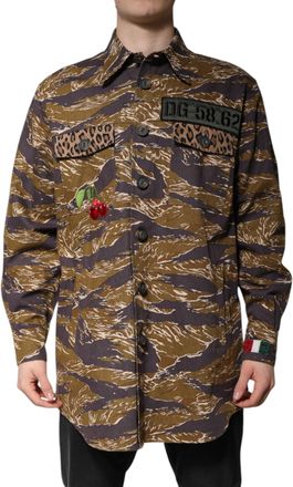 Dolce & Gabbana Mens Brown Leopard Cotton Collared Coat Jacket Clothing