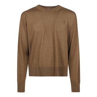 Ami Round-neck Knitwear, male, Brown, Size: L Embroidered Logo Crewneck Sweater