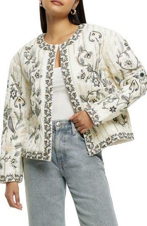 River Island Floral Embroidered Metallic Stripe Jacket in Cream at Nordstrom Rack, Size Small