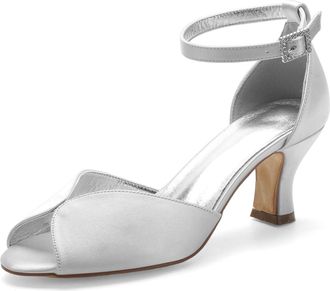 Generic Wedding Heels Low Heel Wedding Bridal Shoes Peep Toe Bridal Shoes Ankle Buckle Strap Satin Evening Party High Heels Sandals 6.5Cm,Silver,10 UK