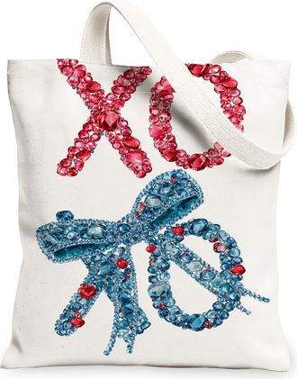 Generic Chic Elegant Canvas Tote Bag, Jewel Bow and Xo Pattern Reusable Grocery Bags, ValentineS Day Lightweight Washable Shoulder, White, 13x15 Inch