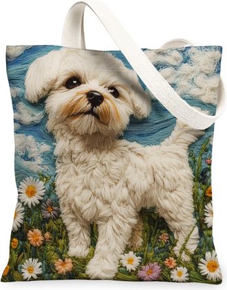Generic Spring Maltese Dog Canvas Tote Bag for Shopping 13x15, Knitting Style Garden Puppy Reusable Grocery Print Pattern Bag for Women, Fun Pet Beach Aesthet
