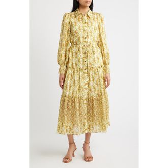 Julia Jordan Tile Print Long Sleeve Tiered Shirtdress in Yellow Multi at Nordstrom, Size 10