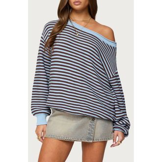 Edikted Averi Stripe Textured Cotton Sweater in Light-Blue at Nordstrom, Size X-Small
