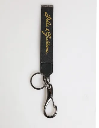 Dolce & Gabbana Black Yellow Polyester DG Logo Silver Keychain Mens Keyring