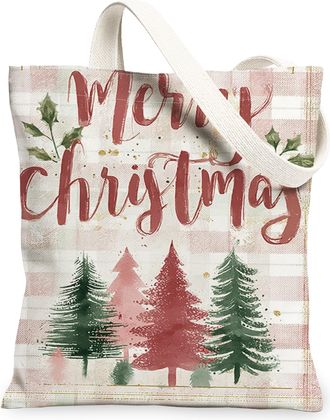 Generic Christmas Tree Canvas Tote Bags, Holiday Pine Design Reusable Grocery Bags, Festive Vintage Lightweight Washable Shoulder S, Red, 13x15 Inch