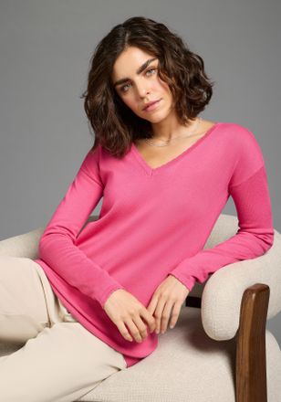 Laura Scott V-Ausschnitt-Pullover LAURA SCOTT, Damen, Gr. 32/34, pink, Feinstrick, Obermaterial: 70% Viskose, 30% Polyamid, unifarben, figurumspielend h&uuml;ftbedecke
