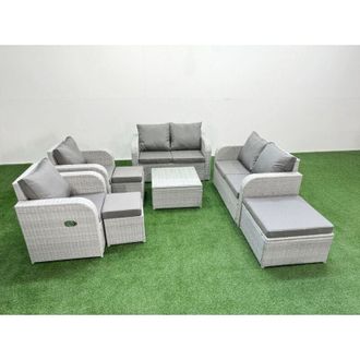 Fimous 9 Seater Outdoor Reclining Chair Love Sofa Set Rattan Garden Furniture Set with Square Coffee Table 3 Stools Light Grey - Fimous