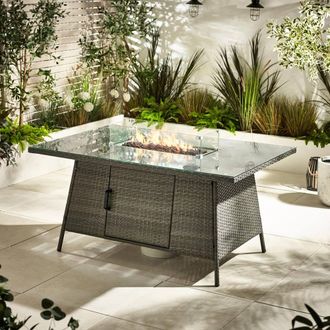 Furniturebox Marbella Rattan 6 Seat Garden Dining Table + Firepit in Grey