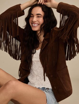 Lucky Brand Womens Festival Fringed Suede Jacket
