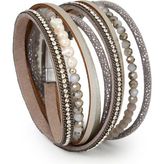 Saachi Crystal Wrap Faux Leather Bracelet in Silver at Nordstrom Rack