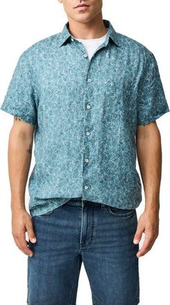 Rodd & Gunn Whitlaker Leaf Print Short Sleeve Linen Button-Up Shirt in Bluestone at Nordstrom, Size Xxx-Large
