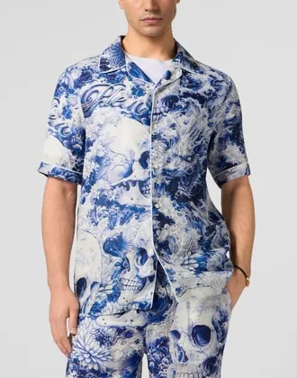 Philipp Plein Linen Bowling Shirt All-Over Ceramic Men in Navy at Nordstrom, Size Medium