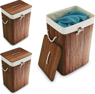 Relaxdays 3 Cestos Ropa Sucia Plegable, Cubo Colada Rectangular con Tapa, Bambú, 83L, 65,5 x 43,5 x 33,5 cm, Marrón