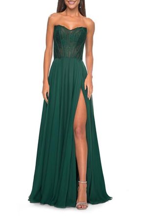 La Femme Strapless Chiffon Prom Gown with Lace Illusion Bodice in Dark Emerald at Nordstrom, Size 10