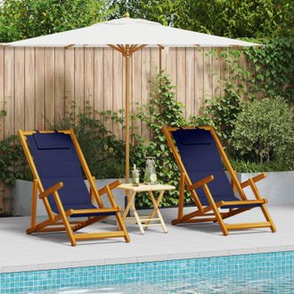 Berkfield Home Folding Beach Chairs - Set of 2, Blue, Solid Acacia Wood & Textilene in Blue