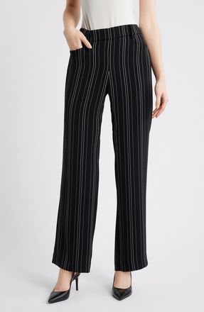 Anne Klein Stripe Pull-On Wide Leg Pants in Anne Black/White Dove at Nordstrom, Size Xx-Small