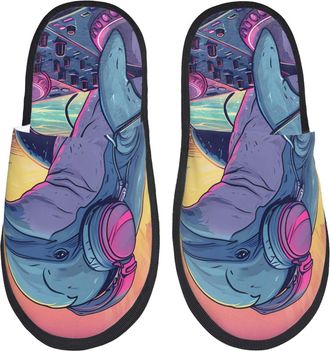 Generic Cotton Slipper Hip-Hop Dj Dolphin Print Fluffy Spa Slippers Soft Non-Slip Womens Slippers Travel Winter L