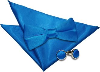 DQT Men Pre-Tied Plain Satin Wedding Bow Tie + Pocket Square & Cufflinks Set - Electric Blue