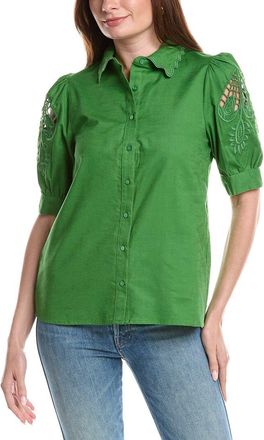 T Tahari Embroidered Sleeve Linen-Blend Blouse