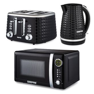 Geepas Argyle 1.7L Kettle & Toaster Set with Microwave 4 Slice Kitchen Set in Black