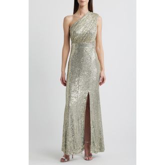 Vince Camuto Sequin One-Shoulder Sheath Gown in Pewter at Nordstrom, Size 12