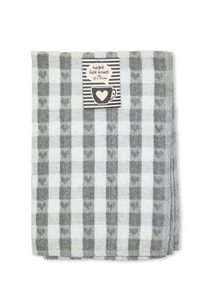 TJ Hughes Hearts - Jumbo Heavy Weight Check Tea Towel with Heart Detail in Silver - TJ Hughes