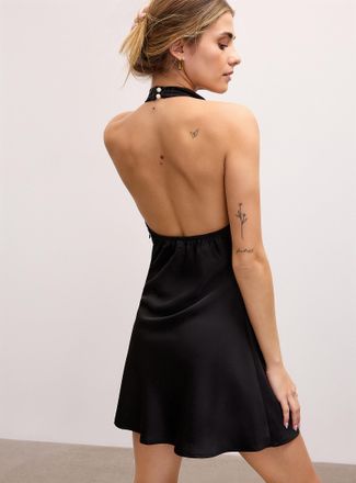Icone Womens Open-back halter neckline satiny minidress