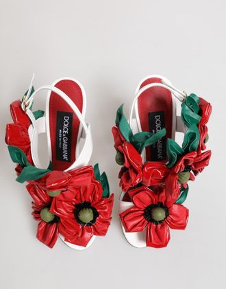 Dolce & Gabbana Womens White Red Floral Detailing Sandals Shoes And Calfskin Leather