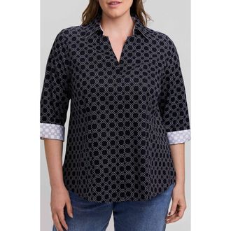 Foxcroft Taylor Geo Print Cotton Button-Up Shirt in Black/White at Nordstrom, Size 14W