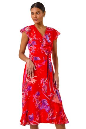 Roman Womens Floral Print Ruffle Wrap Front Midi Dress - Red - Size 12 UK