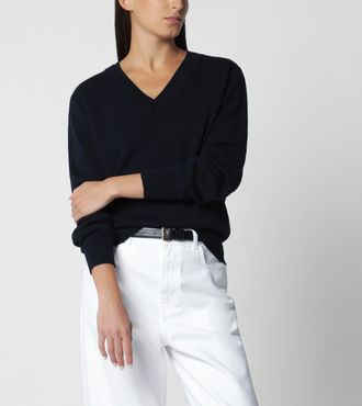 R&oacute;he Maglione blu navy in lana con doppio scollo a V