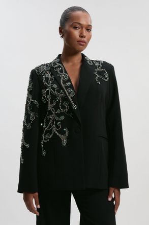 Karen Millen Womens Plus Size Crystal Embellished Tailored Single Breasted Blazer - Black - Size 20 UK